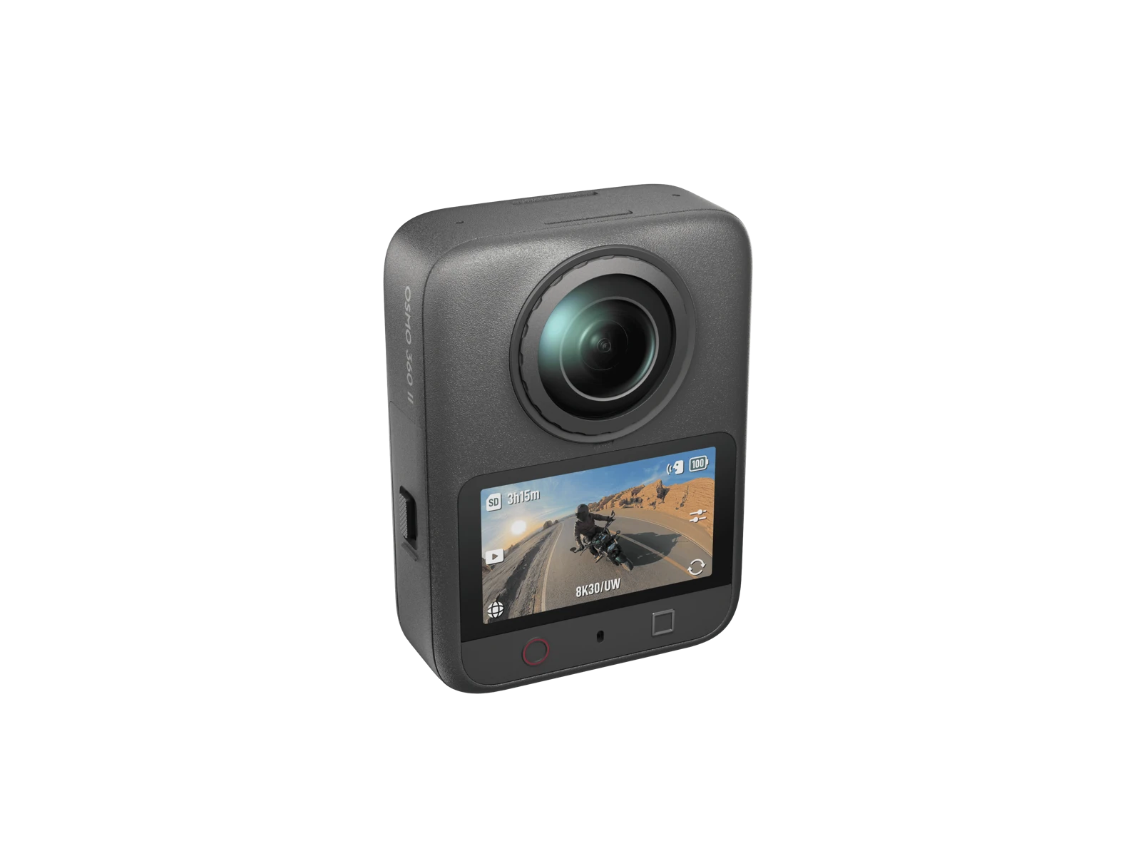 Osmo 360 II มุมหน้าแสดงเลนส์และจอภาพ