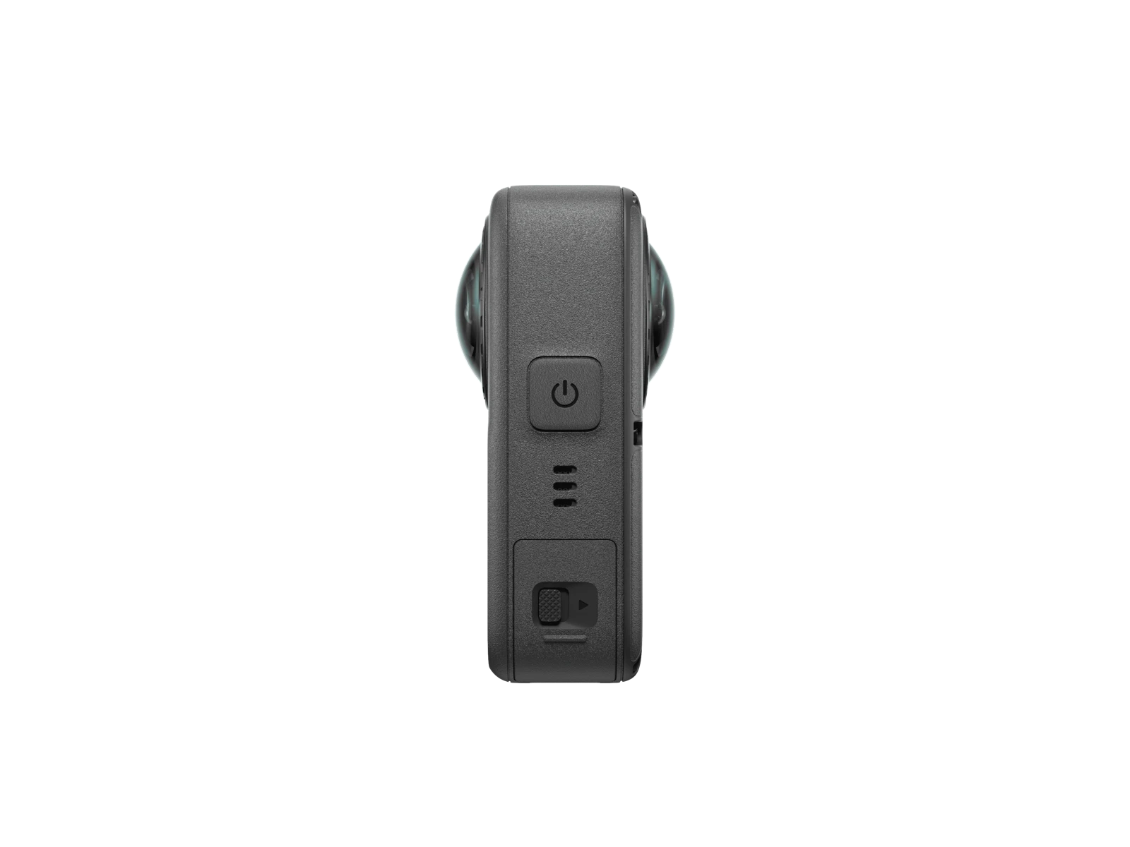 Osmo 360 II มุมด้านข้างแสดงตัวกล้องและขั้วต่อ