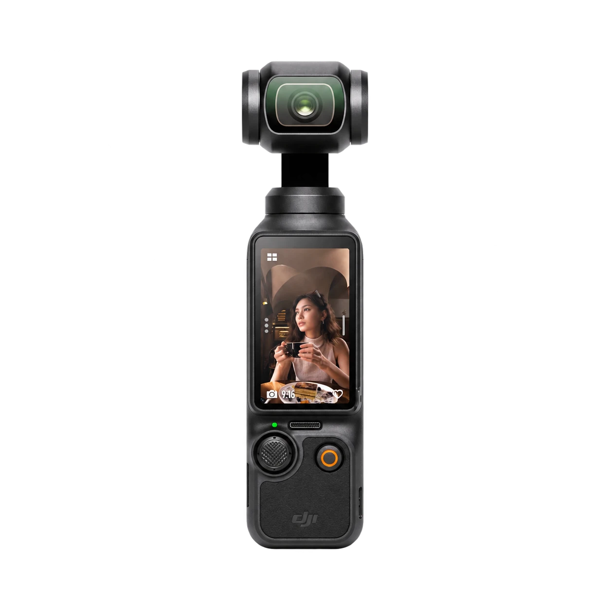 Osmo Pocket 3 มุมหน้าแสดงกิมบอลและจอภาพ
